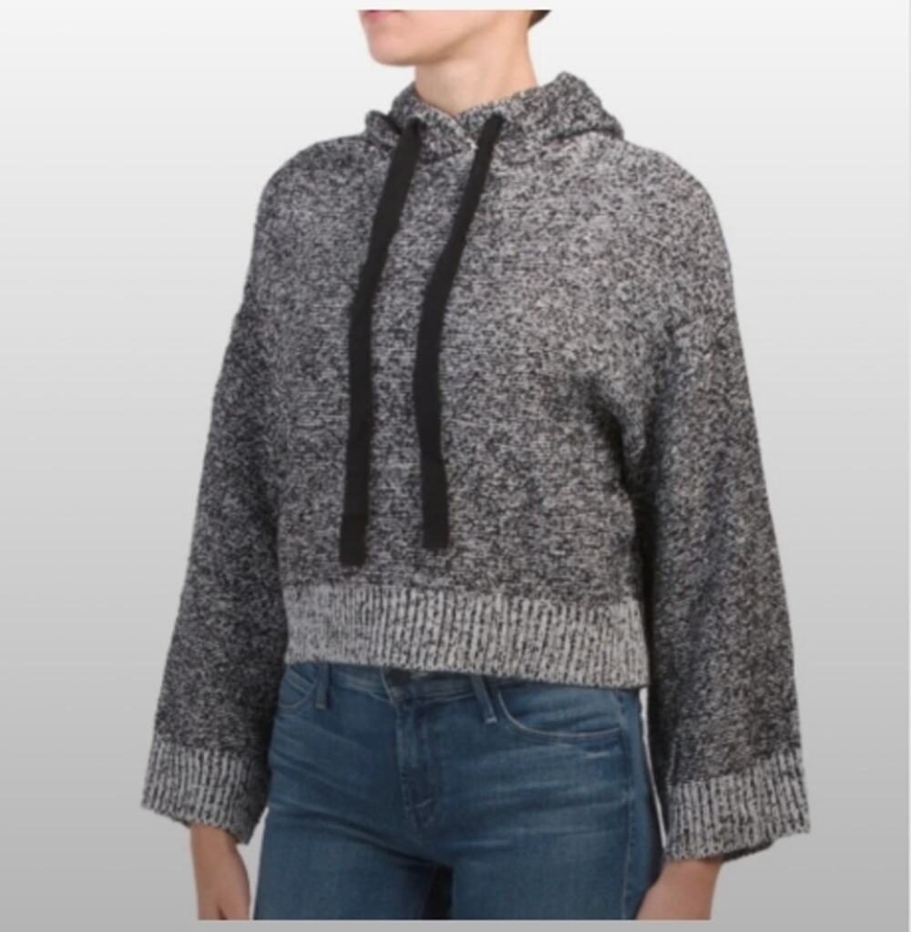 Anthropologie Ruby Moon Marled Black White Knit Hooded Cropped Sweater Size L